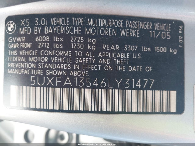 44848703 :رقم المزاد ، 5UXFA13546LY31477 vin ، 2006 Bmw X5 3.0i مزاد بيع