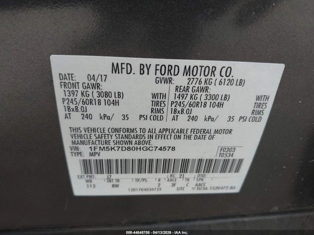 Продаж на аукціоні авто 2017 Ford Explorer Xlt, vin: 1FM5K7D80HGC74578, номер лоту: 44848708