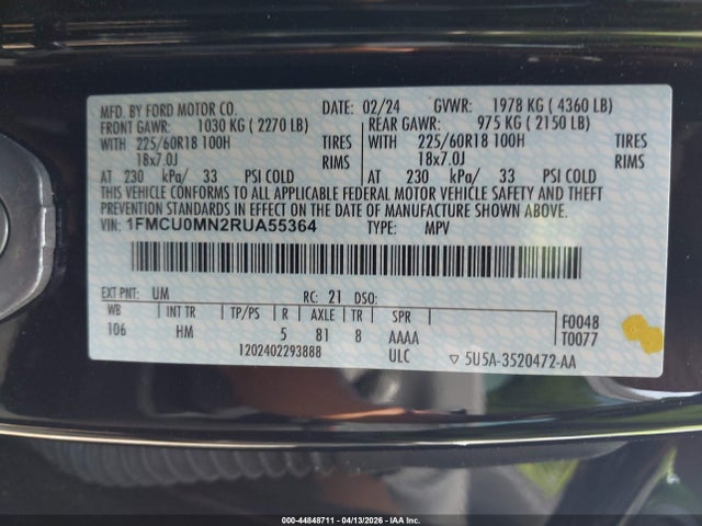 2024 Ford Escape St-line მანქანა იყიდება აუქციონზე, vin: 1FMCU0MN2RUA55364, აუქციონის ნომერი: 44848711