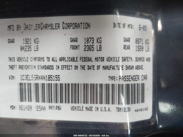 Продажа на аукционе авто 2004 Chrysler Sebring Lxi, vin: 1C3EL55RX4N185155, номер лота: 44848722