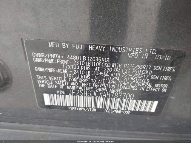 2010 Subaru Forester 2.5x Limited მანქანა იყიდება აუქციონზე, vin: JF2SH6DCXAH783700, აუქციონის ნომერი: 44848726