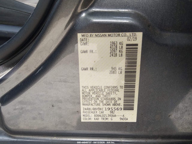 Продажа на аукционе авто 2019 Nissan Altima 2.5 S, vin: 1N4BL4BV9KC195569, номер лота: 44848737
