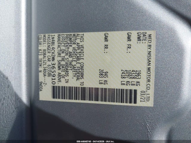 44848740 :رقم المزاد ، 1N4BL4CV2MN365910 vin ، 2021 Nissan Altima Sr Fwd مزاد بيع