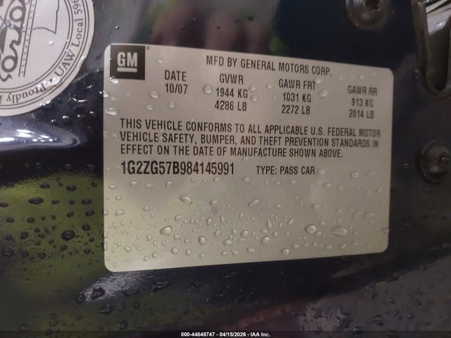 2008 Pontiac G6 მანქანა იყიდება აუქციონზე, vin: 1G2ZG57B984145991, აუქციონის ნომერი: 44848747