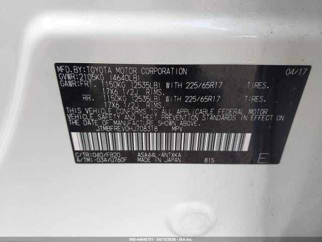 44848751 :رقم المزاد ، JTMBFREV0HJ708318 vin ، 2017 Toyota Rav4 Le مزاد بيع