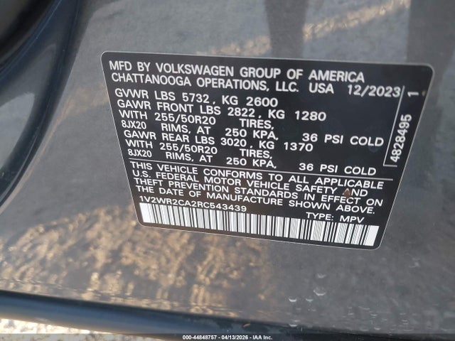 Продаж на аукціоні авто 2024 Volkswagen Atlas 2.0t Se W/technology, vin: 1V2WR2CA2RC543439, номер лоту: 44848757