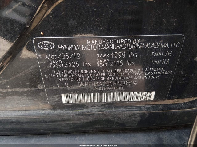 Aukcja sprzedaży 2012 Hyundai Sonata Gls, vin: 5NPEB4AC0CH488504, numer aukcji: 44848760