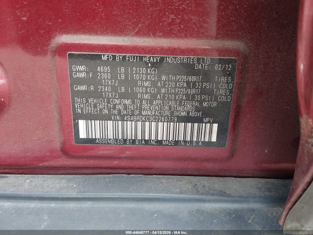 44848777 :رقم المزاد ، 4S4BRDKC3C2260779 vin ، 2012 Subaru Outback 3.6r Limited مزاد بيع