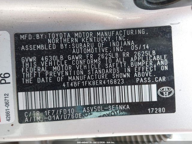2014 Toyota Camry Le მანქანა იყიდება აუქციონზე, vin: 4T4BF1FK8ER416823, აუქციონის ნომერი: 44848779