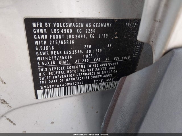 Aukcja sprzedaży 2013 Volkswagen Tiguan S, vin: WVGBV3AX4DW052902, numer aukcji: 44848798
