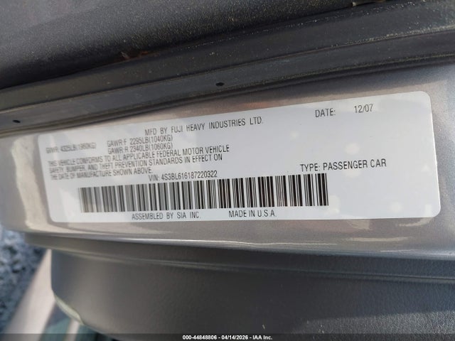 44848806 :رقم المزاد ، 4S3BL616187220322 vin ، 2008 Subaru Legacy 2.5i مزاد بيع