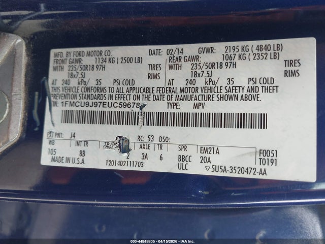 Продажа на аукционе авто 2014 Ford Escape Titanium, vin: 1FMCU9J97EUC59678, номер лота: 44848805