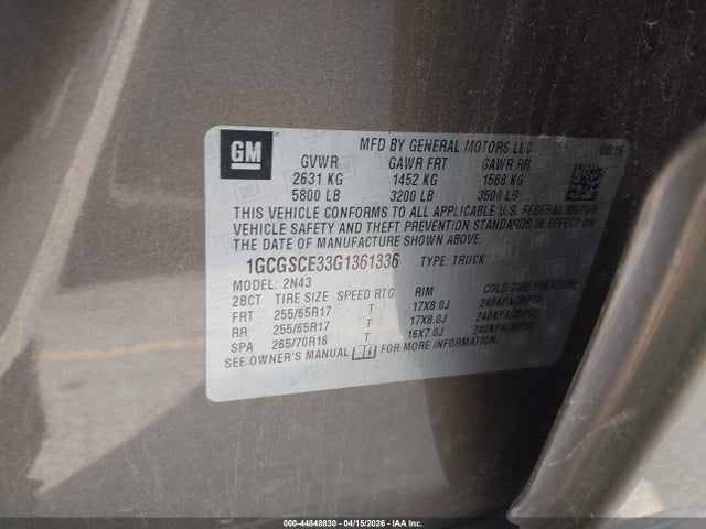 44848830 :رقم المزاد ، 1GCGSCE33G1361336 vin ، 2016 Chevrolet Colorado Lt مزاد بيع