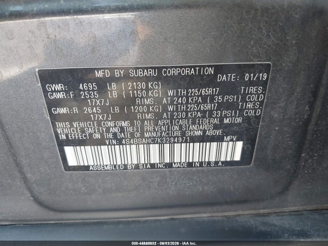 2019 Subaru Outback 2.5i Premium მანქანა იყიდება აუქციონზე, vin: 4S4BSAHC7K3294971, აუქციონის ნომერი: 44848832