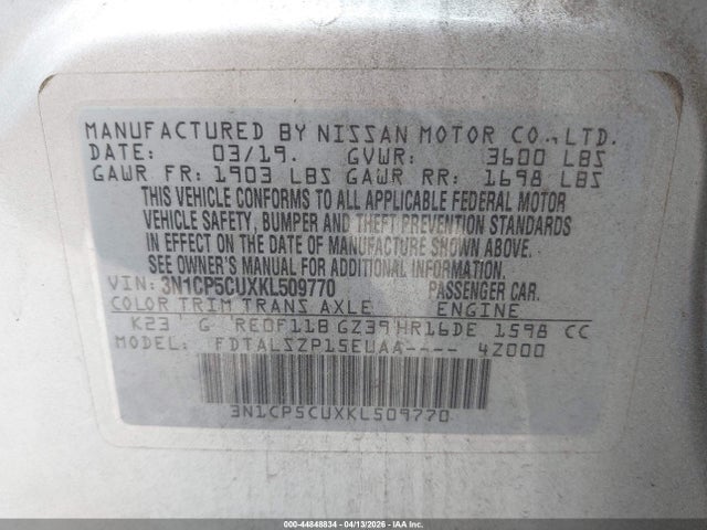Aukcja sprzedaży 2019 Nissan Kicks Sv, vin: 3N1CP5CUXKL509770, numer aukcji: 44848834