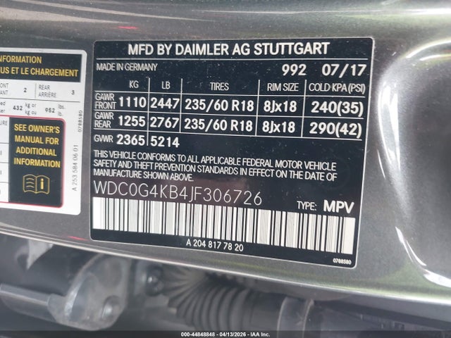 Aukcja sprzedaży 2018 Mercedes-benz Glc 300 4matic, vin: WDC0G4KB4JF306726, numer aukcji: 44848848