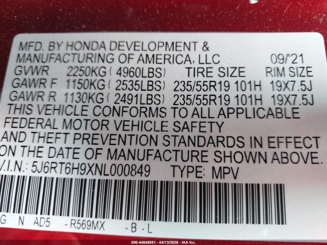 5J6RT6H9XNL000849 Honda Cr-v Hybrid Touring