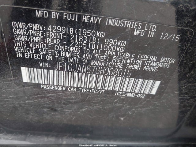 Aukcja sprzedaży 2016 Subaru Impreza 2.0i Limited, vin: JF1GJAN67GH008015, numer aukcji: 44848853