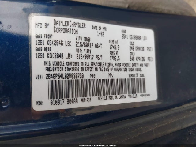Продаж на аукціоні авто 2002 Dodge Grand Caravan Es, vin: 2B4GP54L82R638739, номер лоту: 44848858