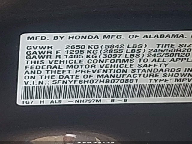 Auction sale of the 2017 Honda Pilot Elite, vin: 5FNYF6H07HB070861, lot number: 44848870