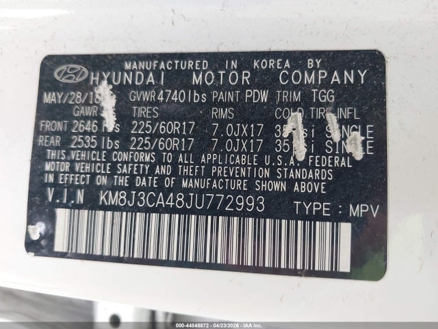 44848872 :رقم المزاد ، KM8J3CA48JU772993 vin ، 2018 Hyundai Tucson Sel مزاد بيع