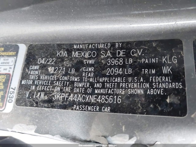 Aukcja sprzedaży 2022 Kia Forte Gt, vin: 3KPF44ACXNE485616, numer aukcji: 44848891
