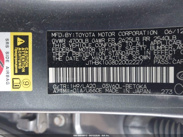 Aukcja sprzedaży 2013 Lexus Es 350, vin: JTHBK1GG8D2002227, numer aukcji: 44848913