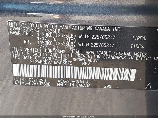 44848968 :رقم المزاد ، 2T3WFREV7JW506875 vin ، 2018 Toyota Rav4 Xle مزاد بيع