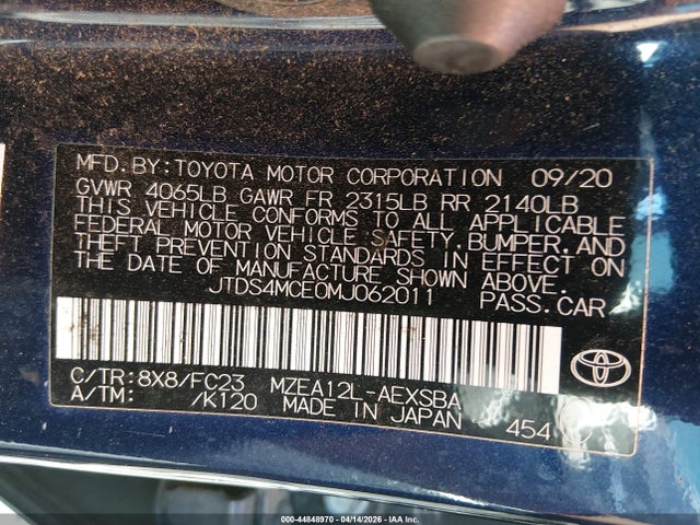 44848970 :رقم المزاد ، JTDS4MCE0MJ062011 vin ، 2021 Toyota Corolla Se مزاد بيع