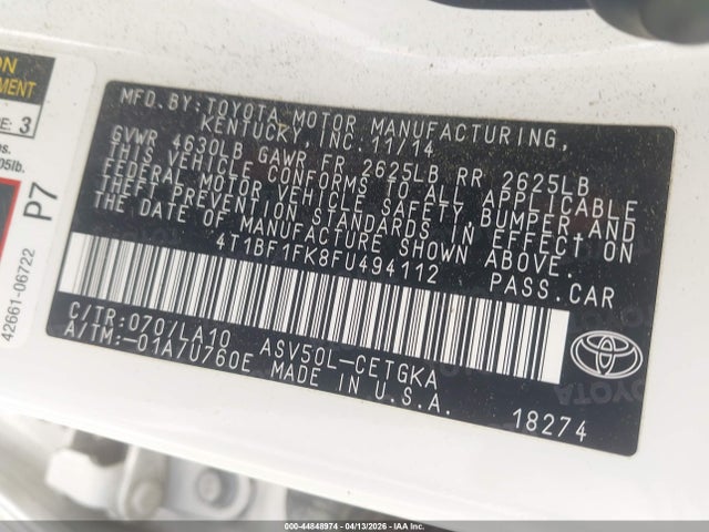 Продажа на аукционе авто 2015 Toyota Camry Xle, vin: 4T1BF1FK8FU494112, номер лота: 44848974
