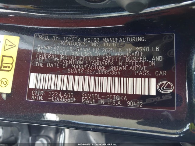 44848978 :رقم المزاد ، 58ABK1GG7JU085364 vin ، 2018 Lexus Es 350 مزاد بيع