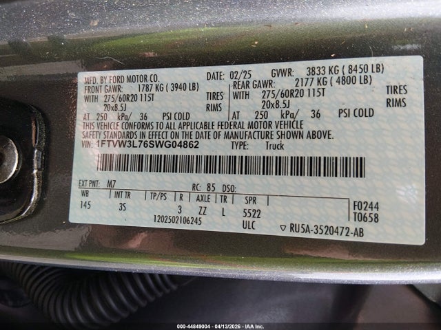 Aukcja sprzedaży 2025 Ford F-150 Lightning Flash, vin: 1FTVW3L76SWG04862, numer aukcji: 44849004