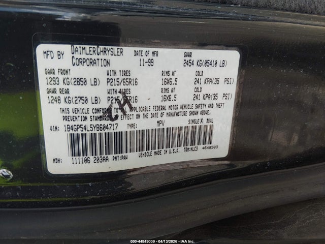 Aukcja sprzedaży 2000 Dodge Grand Caravan Le, vin: 1B4GP54L5YB604717, numer aukcji: 44849009