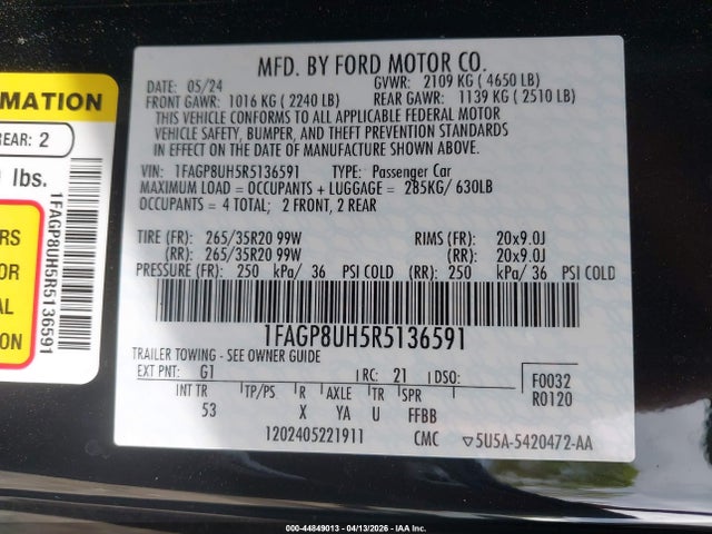2024 Ford Mustang Ecoboost Premium მანქანა იყიდება აუქციონზე, vin: 1FAGP8UH5R5136591, აუქციონის ნომერი: 44849013