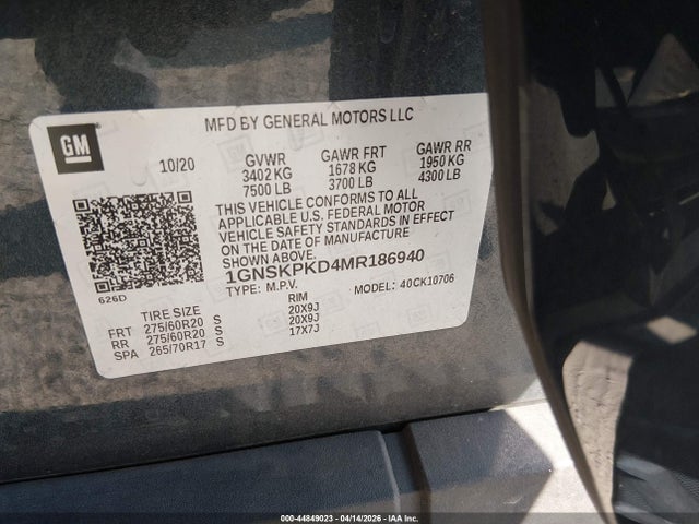 Продаж на аукціоні авто 2021 Chevrolet Tahoe 4wd Z71, vin: 1GNSKPKD4MR186940, номер лоту: 44849023