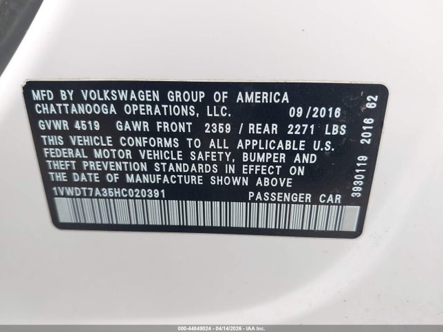 Продаж на аукціоні авто 2017 Volkswagen Passat 1.8t R-line, vin: 1VWDT7A35HC020391, номер лоту: 44849024