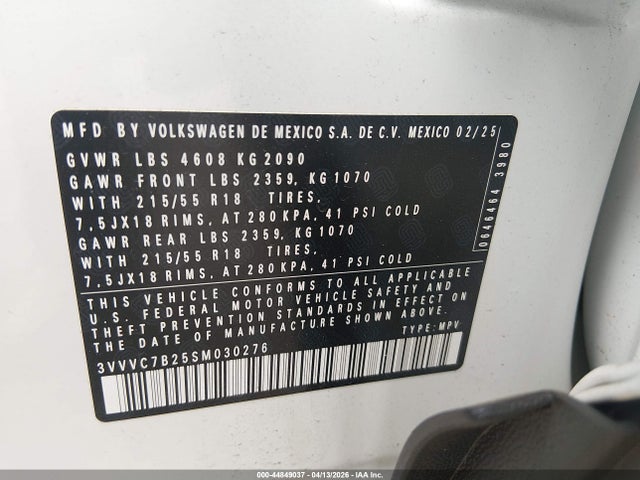 Aukcja sprzedaży 2025 Volkswagen Taos 1.5t Se, vin: 3VVVC7B25SM030276, numer aukcji: 44849037