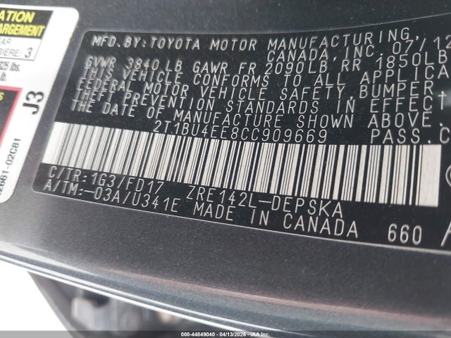 Продаж на аукціоні авто 2012 Toyota Corolla S, vin: 2T1BU4EE8CC909669, номер лоту: 44849040
