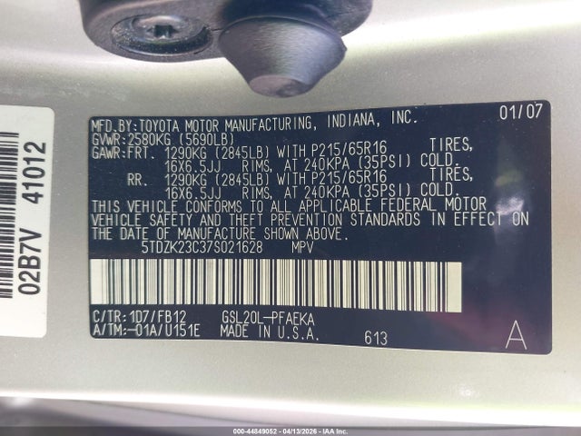 44849052 :رقم المزاد ، 5TDZK23C37S021628 vin ، 2007 Toyota Sienna Ce مزاد بيع