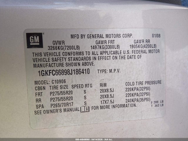 44849060 :رقم المزاد ، 1GKFC66898J186410 vin ، 2008 Gmc Yukon Xl 1500 Denali مزاد بيع
