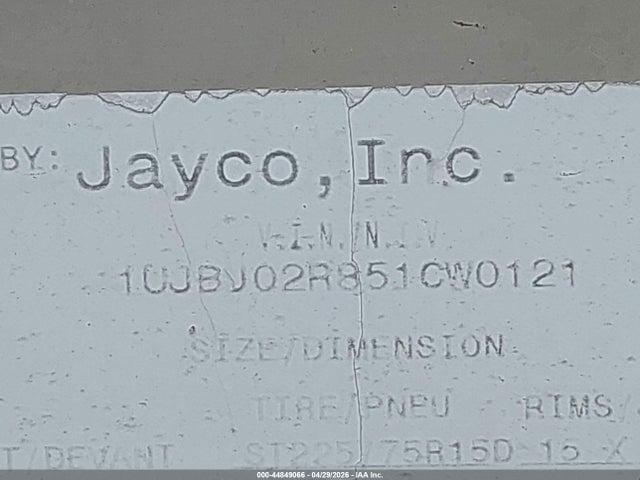 2005 Jayco Camper მანქანა იყიდება აუქციონზე, vin: 1UJBJ02R851CW0121, აუქციონის ნომერი: 44849066
