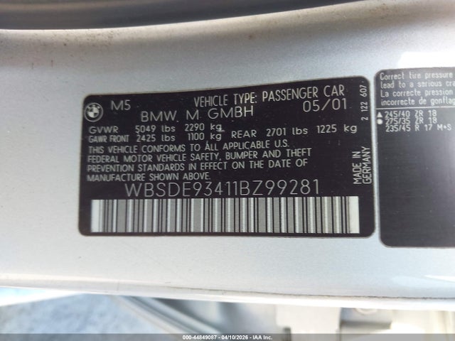 Продажа на аукционе авто 2001 Bmw M5, vin: WBSDE93411BZ99281, номер лота: 44849087