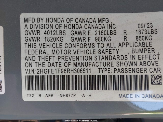 44849089 :رقم المزاد ، 2HGFE1F96RH306511 vin ، 2024 Honda Civic Touring مزاد بيع