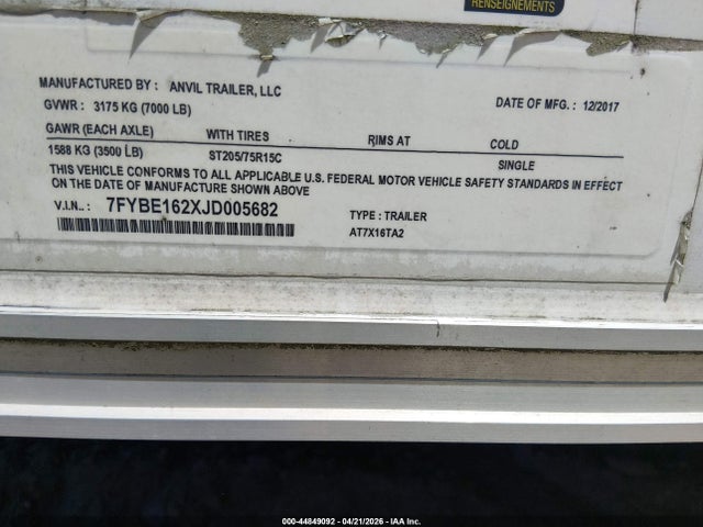 Продаж на аукціоні авто 2017 Anvil Trailer Anvil Trailer, vin: 7FYBE162XJD005682, номер лоту: 44849092