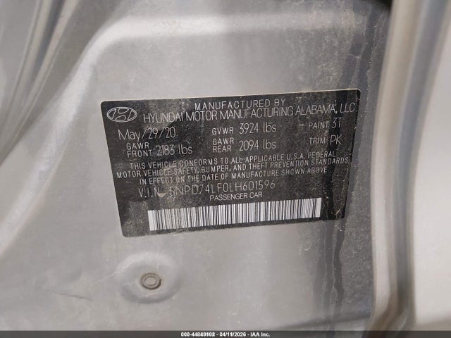 Aukcja sprzedaży 2020 Hyundai Elantra Se, vin: 5NPD74LF0LH601596, numer aukcji: 44849102
