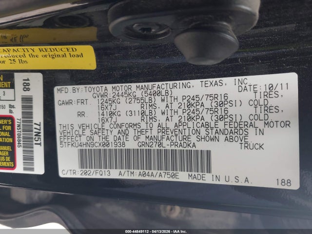 Aukcja sprzedaży 2012 Toyota Tacoma Prerunner V6, vin: 5TFKU4HN9CX001938, numer aukcji: 44849112