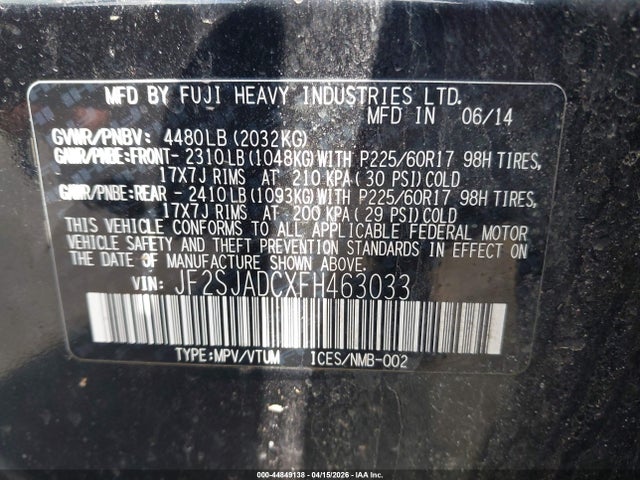 2015 Subaru Forester 2.5i Premium მანქანა იყიდება აუქციონზე, vin: JF2SJADCXFH463033, აუქციონის ნომერი: 44849138