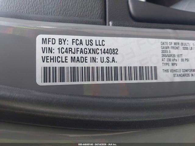 44849140 :رقم المزاد ، 1C4RJFAGXNC144082 vin ، 2022 Jeep Grand Cherokee Wk Laredo X 4x4 مزاد بيع