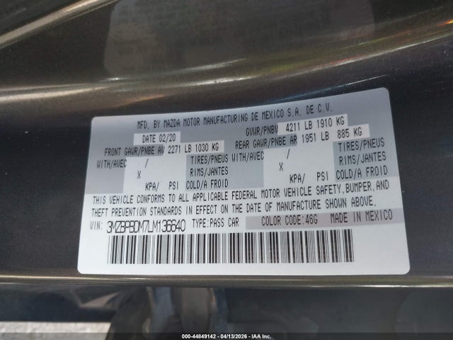 44849142 :رقم المزاد ، 3MZBPBDM7LM136640 vin ، 2020 Mazda Mazda3 Preferred Package مزاد بيع