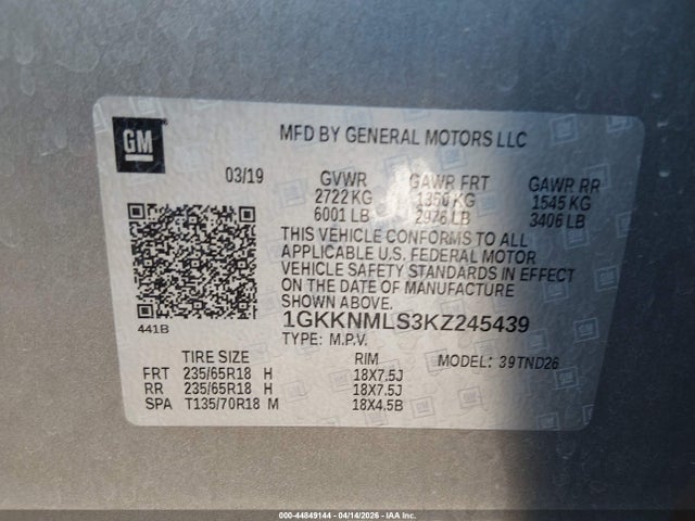 Aukcja sprzedaży 2019 Gmc Acadia Slt-1, vin: 1GKKNMLS3KZ245439, numer aukcji: 44849144